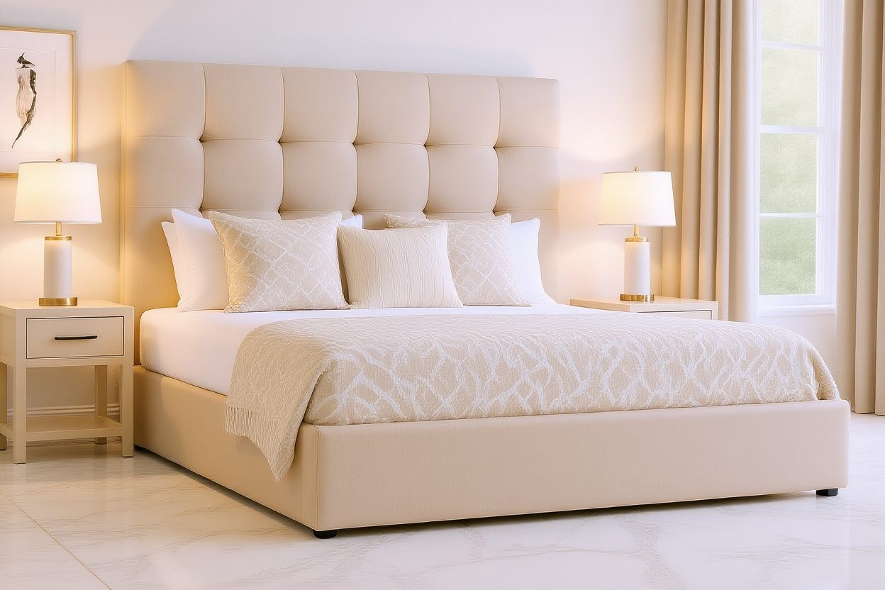 UNITED (AUSSIE MADE) UPHOLSTERED BEDROOM COLLECTION – ASSORTED FABRICS & COLOURS - STARTING FROM $799