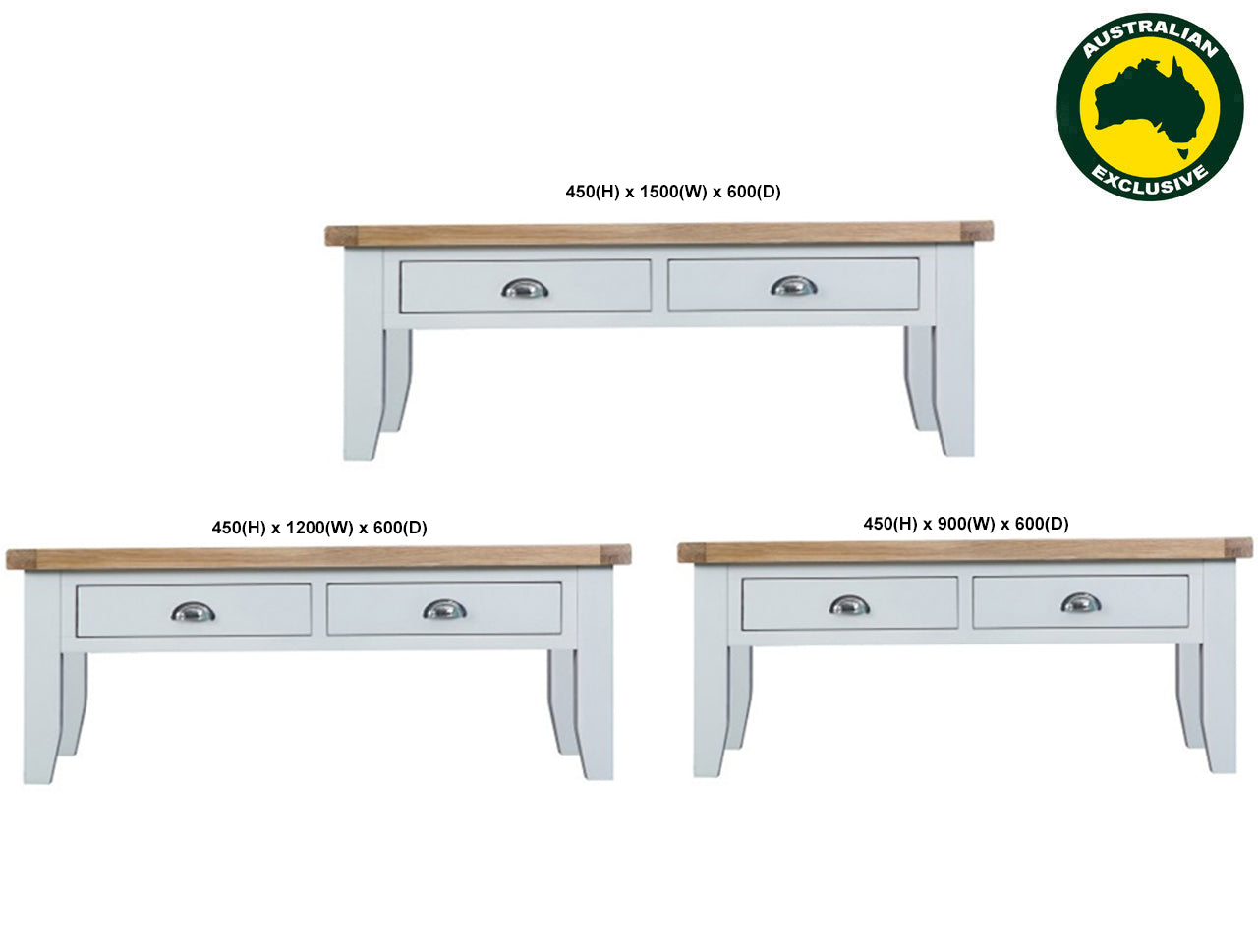 ARBETTA (AUSSIE MADE) COFFEE TABLE WITH 2 DRAWERS COLLECTION - TASSIE OAK COMBINATION - ASSORTED STAINED / PAINTED COLOURS - STARTING FROM $699