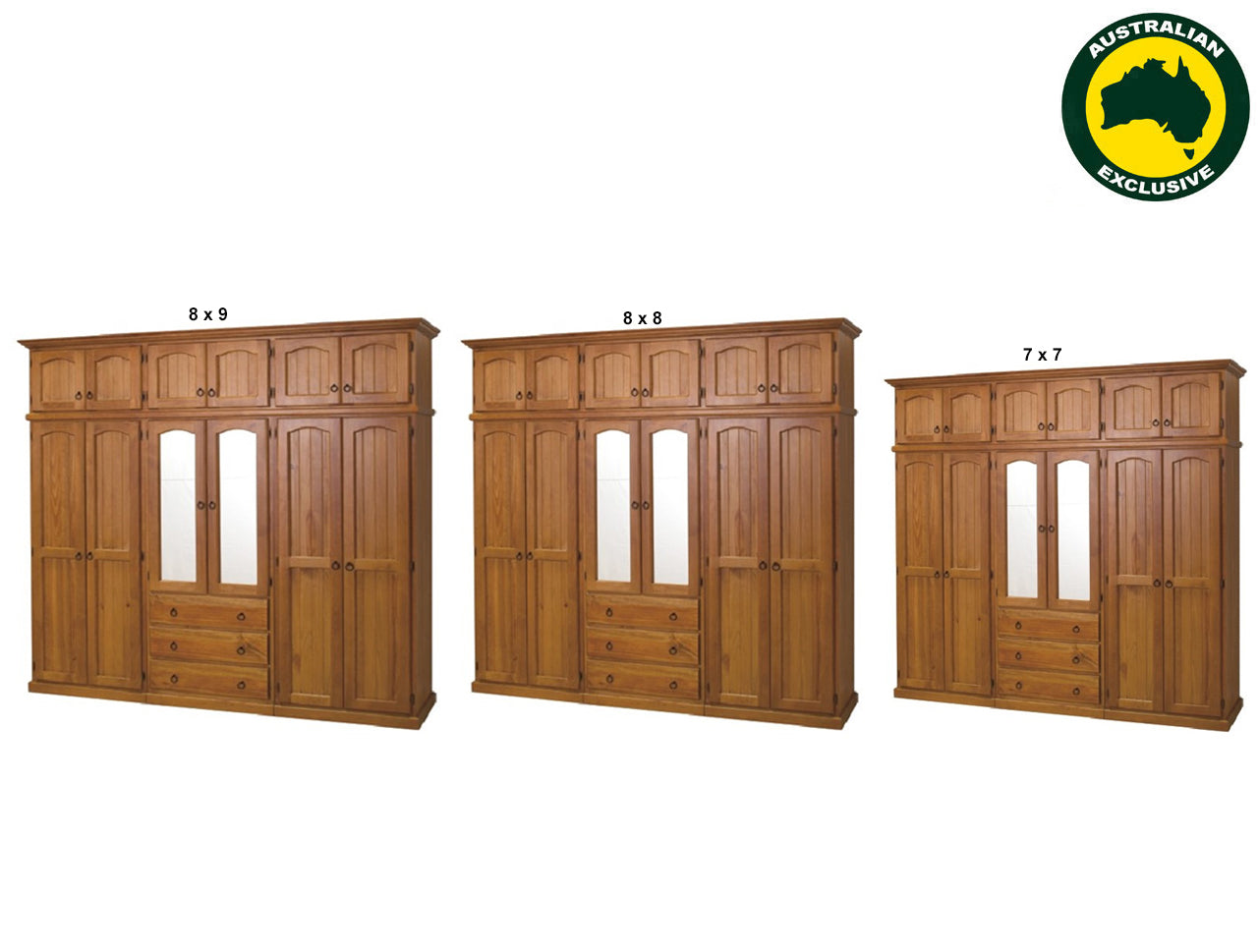 ARRONE (AUSSIE MADE) 4 PIECE WARDROBE WITH 12 DOORS AND 3 DRAWERS COLLECTION - ASSORTED STAINED COLOURS - STARTING FROM $2999
