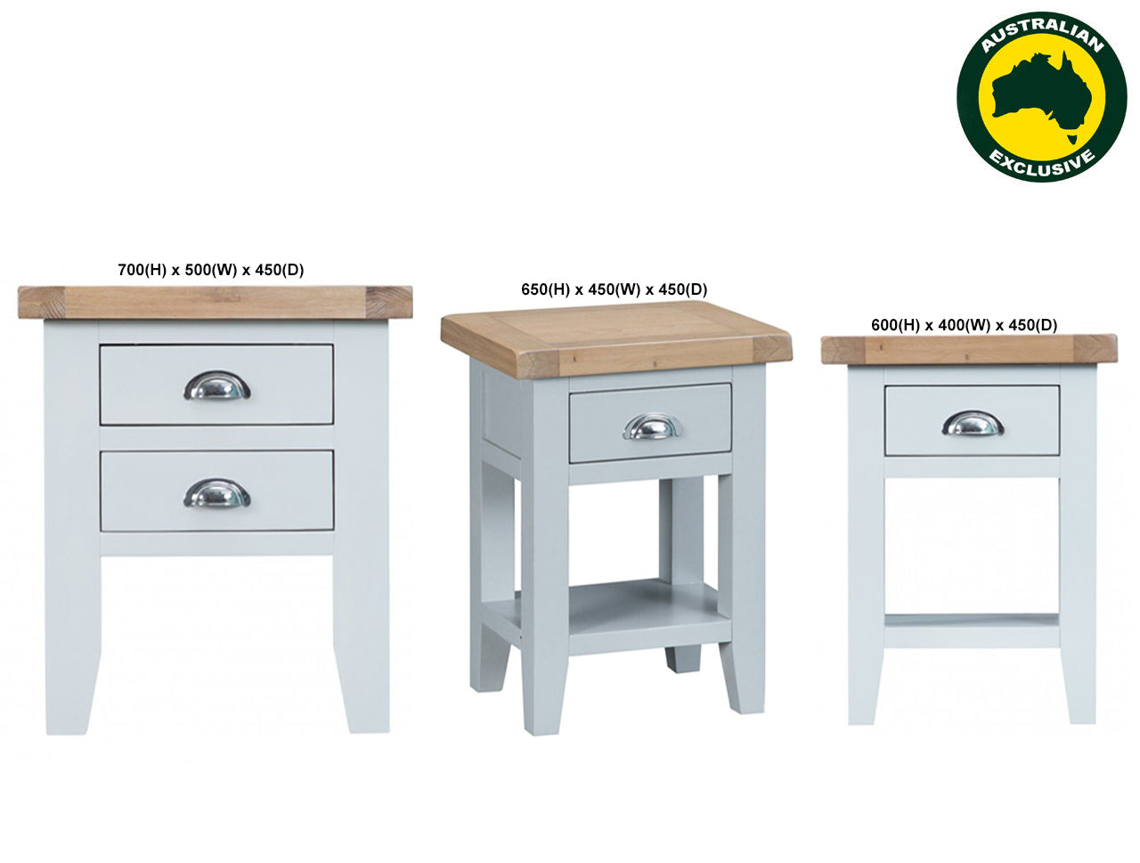 ARBETTA (AUSSIE MADE) BEDSIDE TABLE COLLECTION - TASSIE OAK COMBINATION - ASSORTED PAINTED / STAINED COLOURS - STARTING FROM $499