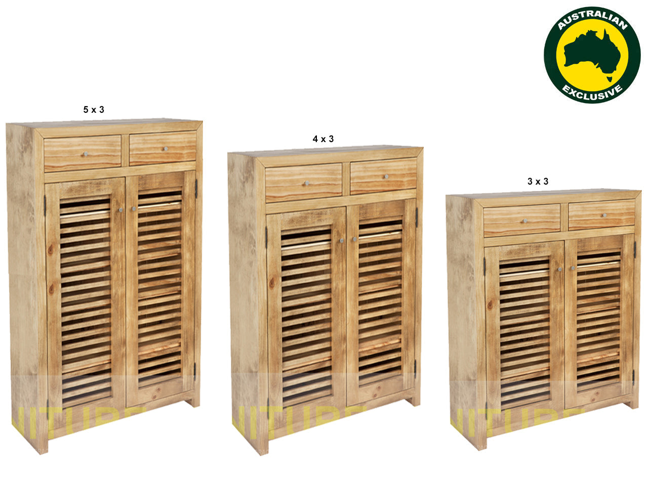 BANDY (AUSSIE MADE) SHOE CABINET WITH 2 LATTICE DOORS / 2 DRAWERS COLLECTION - ASSORTED STAINED COLOURS - STARTING FROM $699