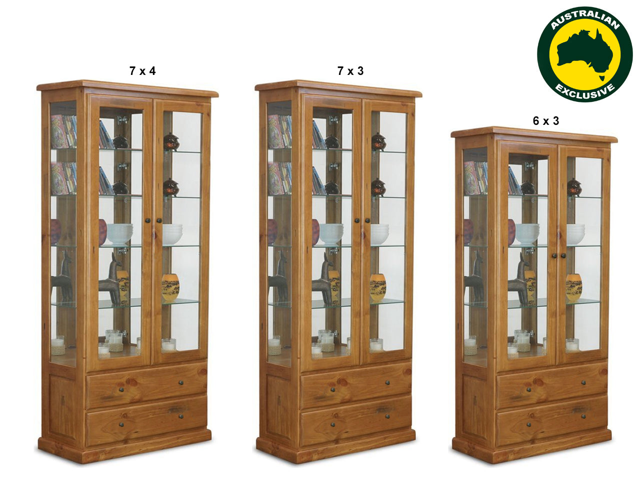 BATHURST (AUSSIE MADE) 2 DOOR / 2 DRAWER DISPLAY CABINET COLLECTION - ASSORTED STAINED COLOURS - STARTING FROM $1699