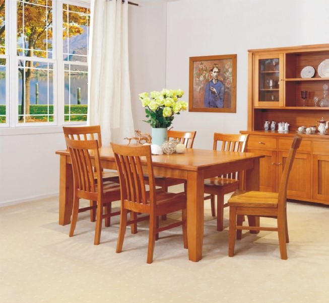 SHELDON (AUSSIE MADE) 7 PIECE DINING SETTING WITH TAPERED LEGS - TASSIE OAK - 1800(L) X 1000(W) - ASSORTED COLOURS