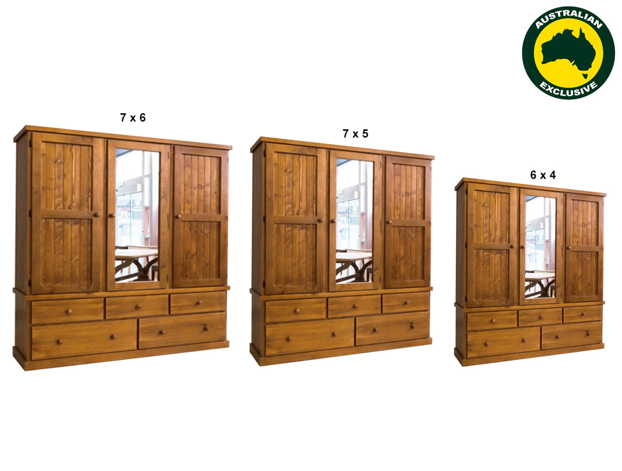 URBAN (AUSSIE MADE) FLAT TOP WARDROBE WITH 3 DOORS & 5 DRAWERS COLLECTION - ASSORTED STAINED COLOURS - STARTING FROM $1599