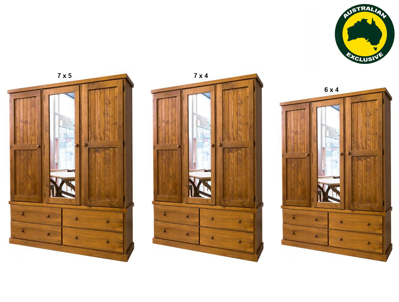 URBAN (AUSSIE MADE) FLAT TOP WITH 3 DOOR & 4 DRAWER MIRROR ROBE COLLECTION - ASSORTED STAINED COLOURS - STARTING FROM $1199