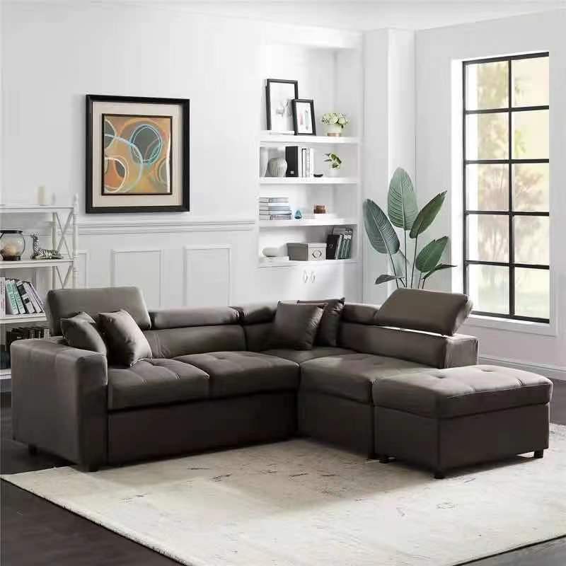 HOLDEN 3 SEATER FABRIC CHAISE LOUNGE SUITE WITH PULL OUT BED AND OTTOMAN (RHF OR LHF) - AS PICTURED