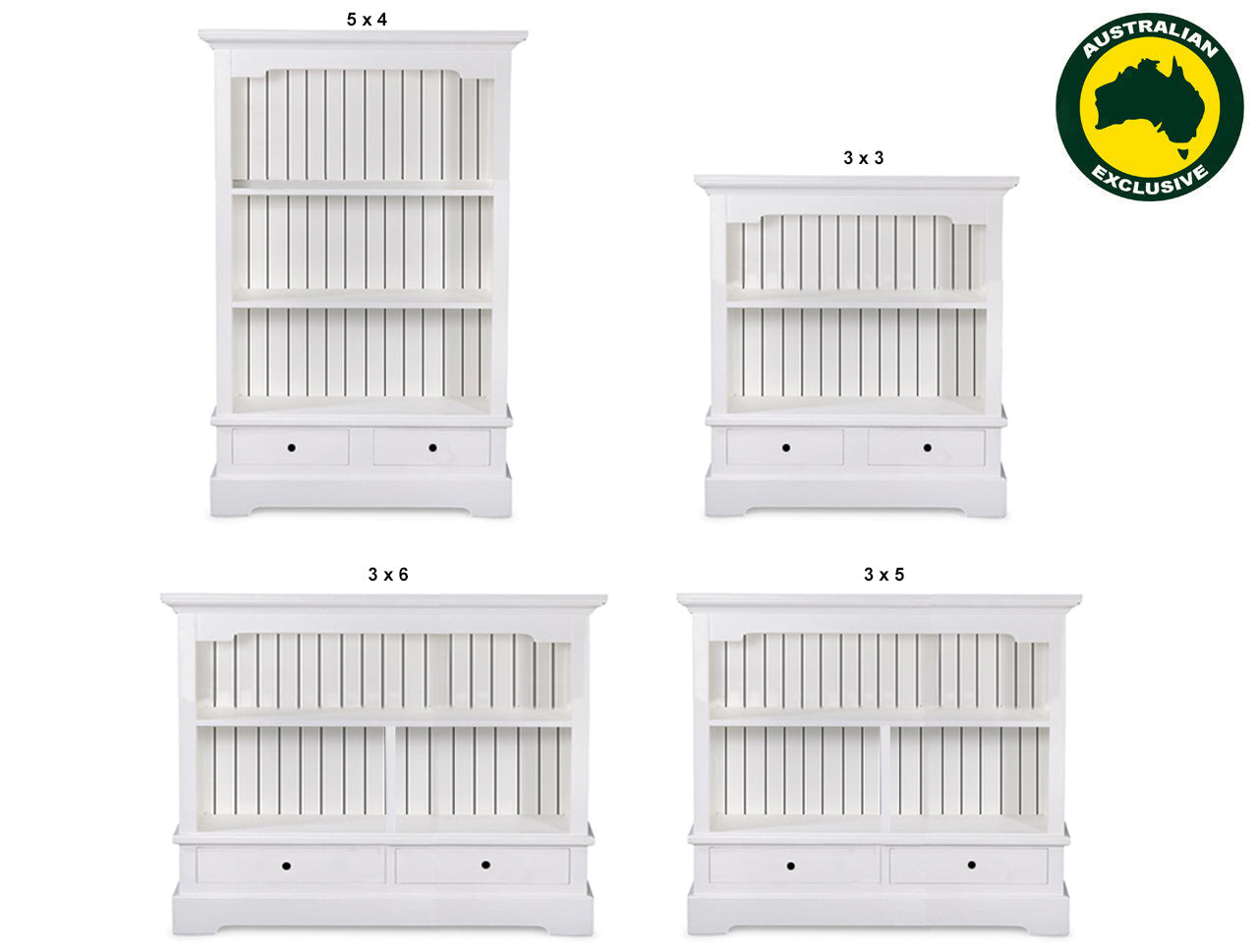 WILLIAMSON (AUSSIE MADE) LOWLINE BOOKCASE WITH 2 DRAWERS COLLECTION - ASSORTED PAINTED COLOURS - STARTING FROM $799