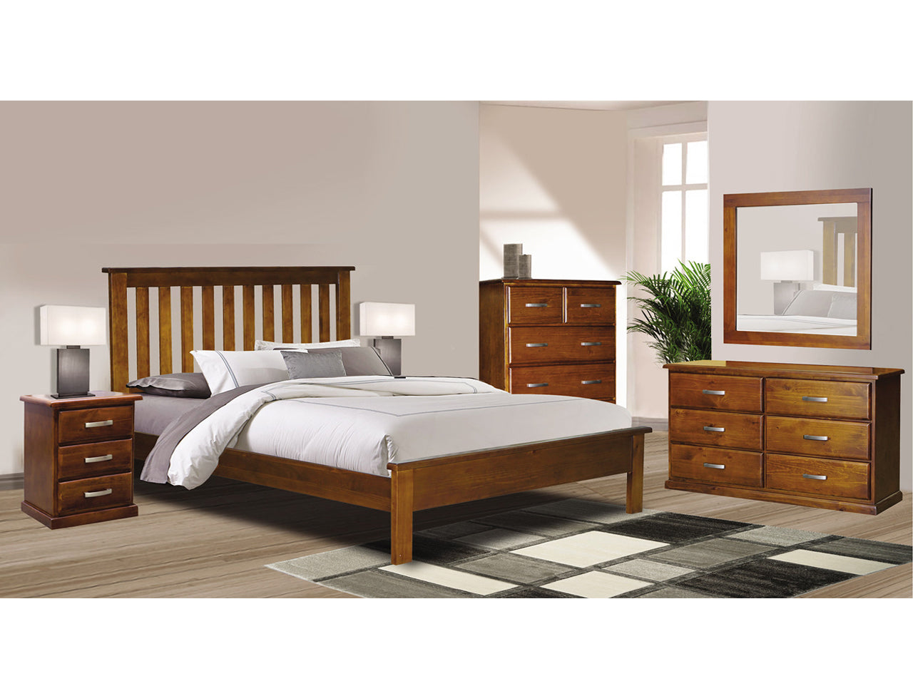 XAVIAN (AUSSIE MADE) DOUBLE OR QUEEN 5 PIECE (DRESSER) BEDROOM SUITE - ASSORTED STAINED COLOURS