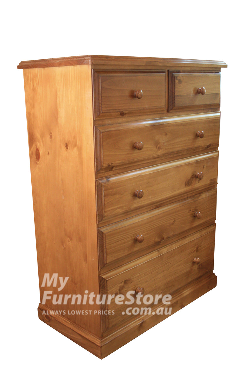 YORK (AUSSIE MADE) TALLBOY 6 DRAWER (2 OVER 4) - 1200(H) x 900(W) x 450(D) - ASSORTED COLOURS
