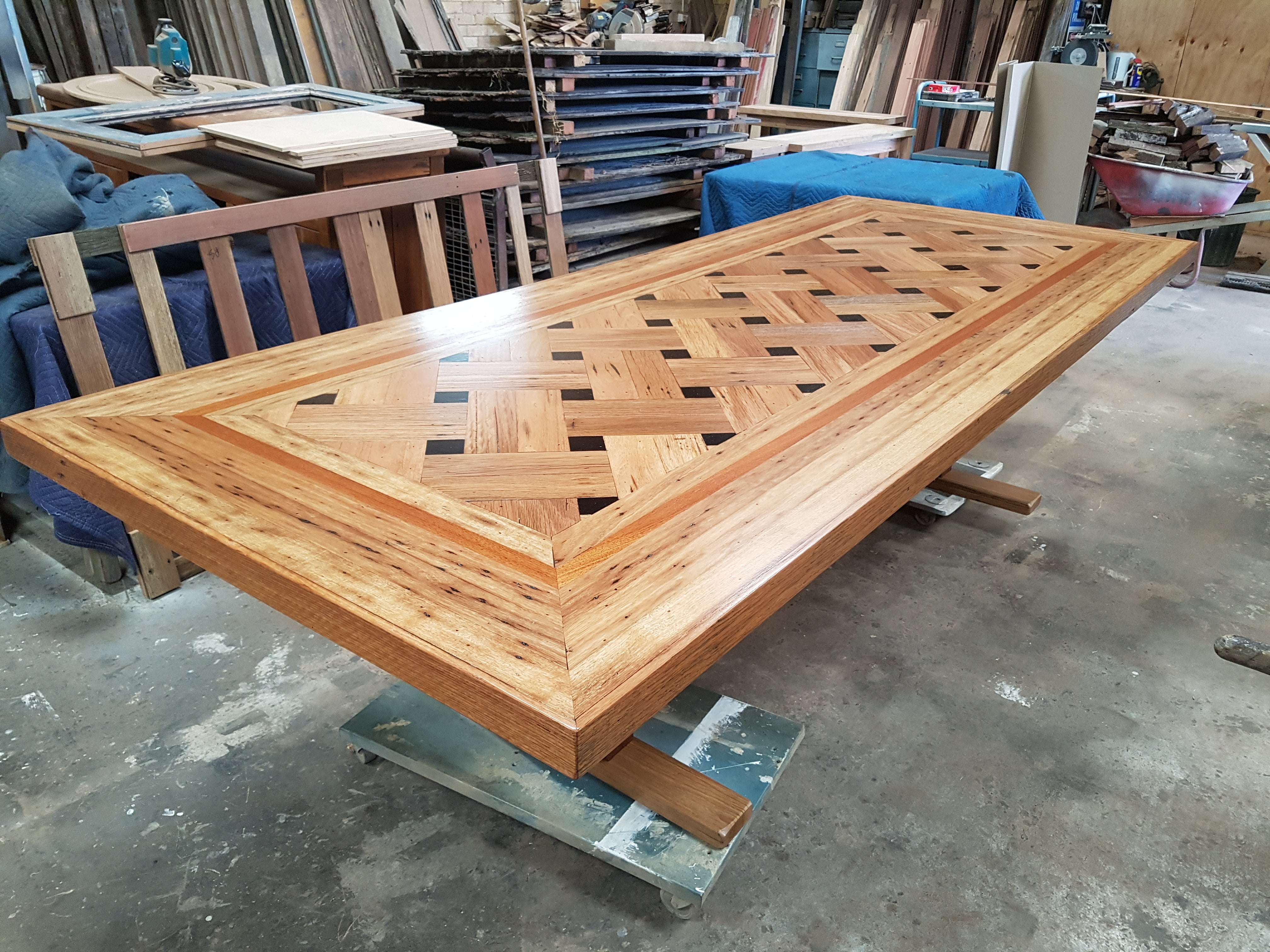 BASKET WEAVE (AUSSIE MADE) DINING TABLE WITH REFACTORY LEG BASE SYSTEM COLLECTION - ASSORTED STAINED COLOURS - STARTING FROM $2499