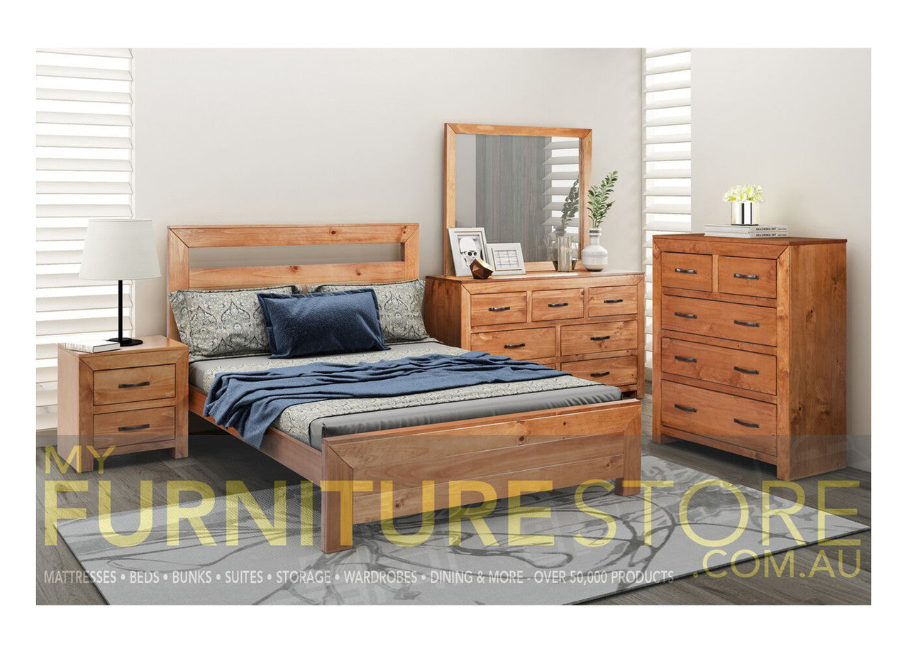 BUSTIN (AUSSIE MADE) KING 5 PIECE (DRESSER) BEDROOM SUITE - ASSORTED STAINED COLOURS