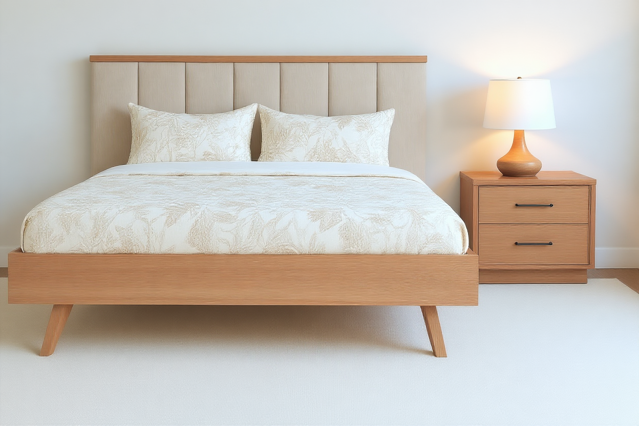ALEXA (AUSSIE MADE) SCANDI FABRIC AND HARDWOOD BEDROOM COLLECTION - ASSORTED STAINED COLOURS - STARTING FROM $2499