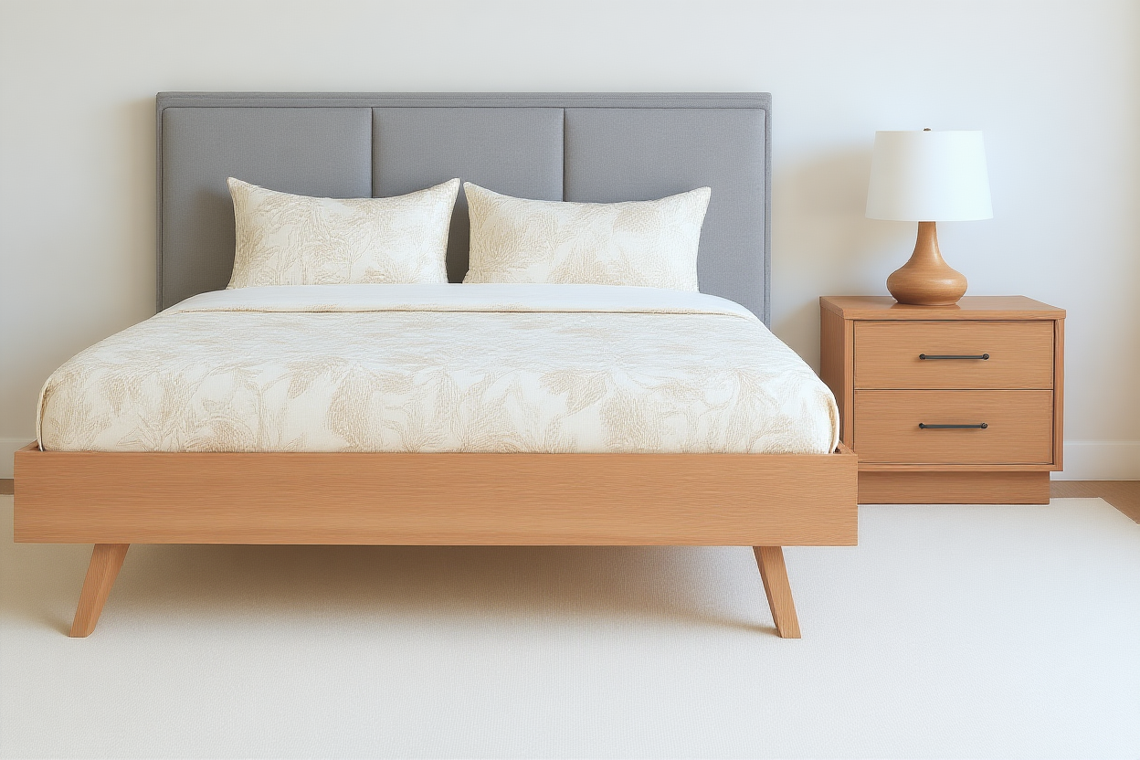 ALEXA (AUSSIE MADE) SCANDI FABRIC AND HARDWOOD BEDROOM COLLECTION - ASSORTED STAINED COLOURS - STARTING FROM $2499