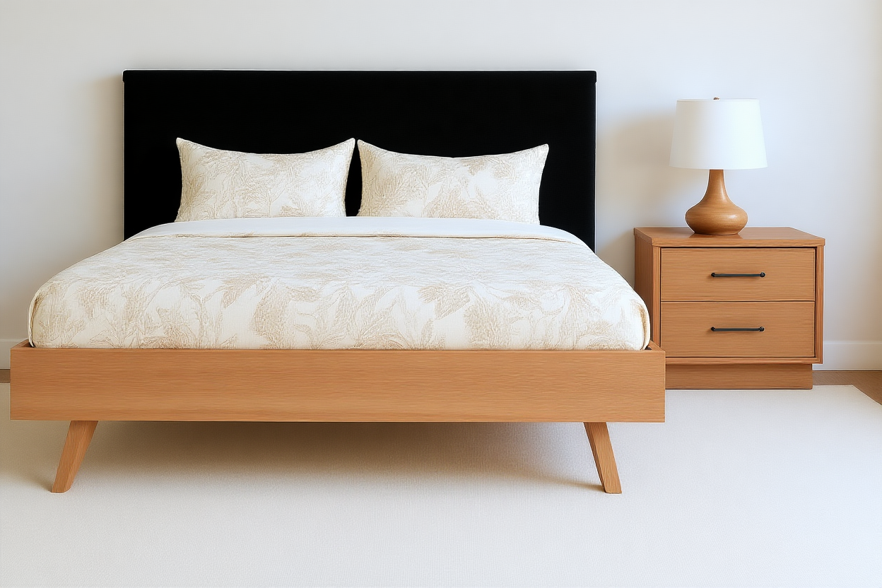 ALEXA (AUSSIE MADE) SCANDI FABRIC AND HARDWOOD BEDROOM COLLECTION - ASSORTED STAINED COLOURS - STARTING FROM $2499