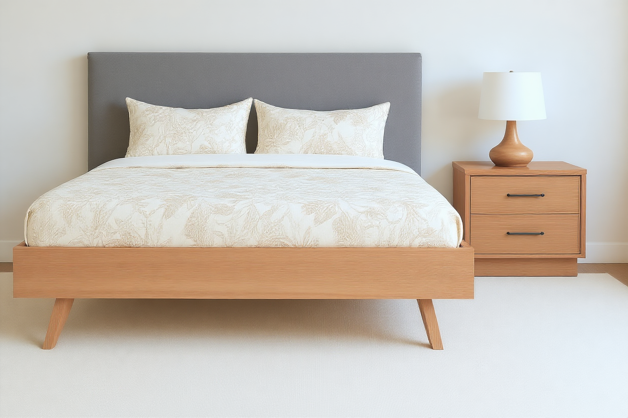 ALEXA (AUSSIE MADE) SCANDI FABRIC AND HARDWOOD BEDROOM COLLECTION - ASSORTED STAINED COLOURS - STARTING FROM $2499