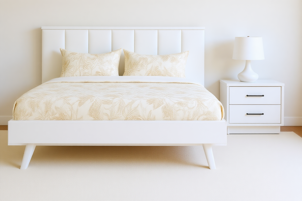 ALEXA (AUSSIE MADE) SCANDI FABRIC AND HARDWOOD BEDROOM COLLECTION - ASSORTED STAINED COLOURS - STARTING FROM $2499