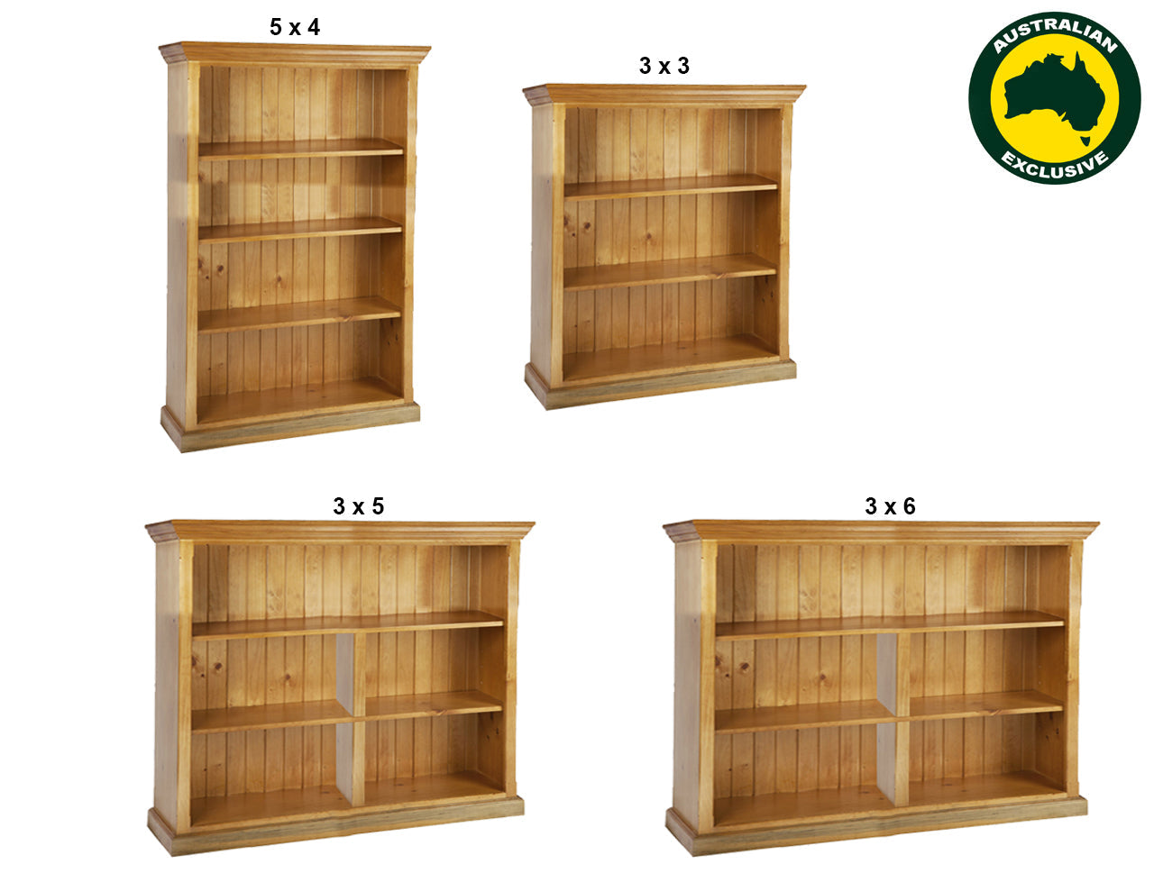 ANTALYA (AUSSIE MADE) TRIPLE TOP STANDARD LOWLINE BOOKCASE COLLECTION - ASSORTED STAINED COLOURS - STARTING FROM $399