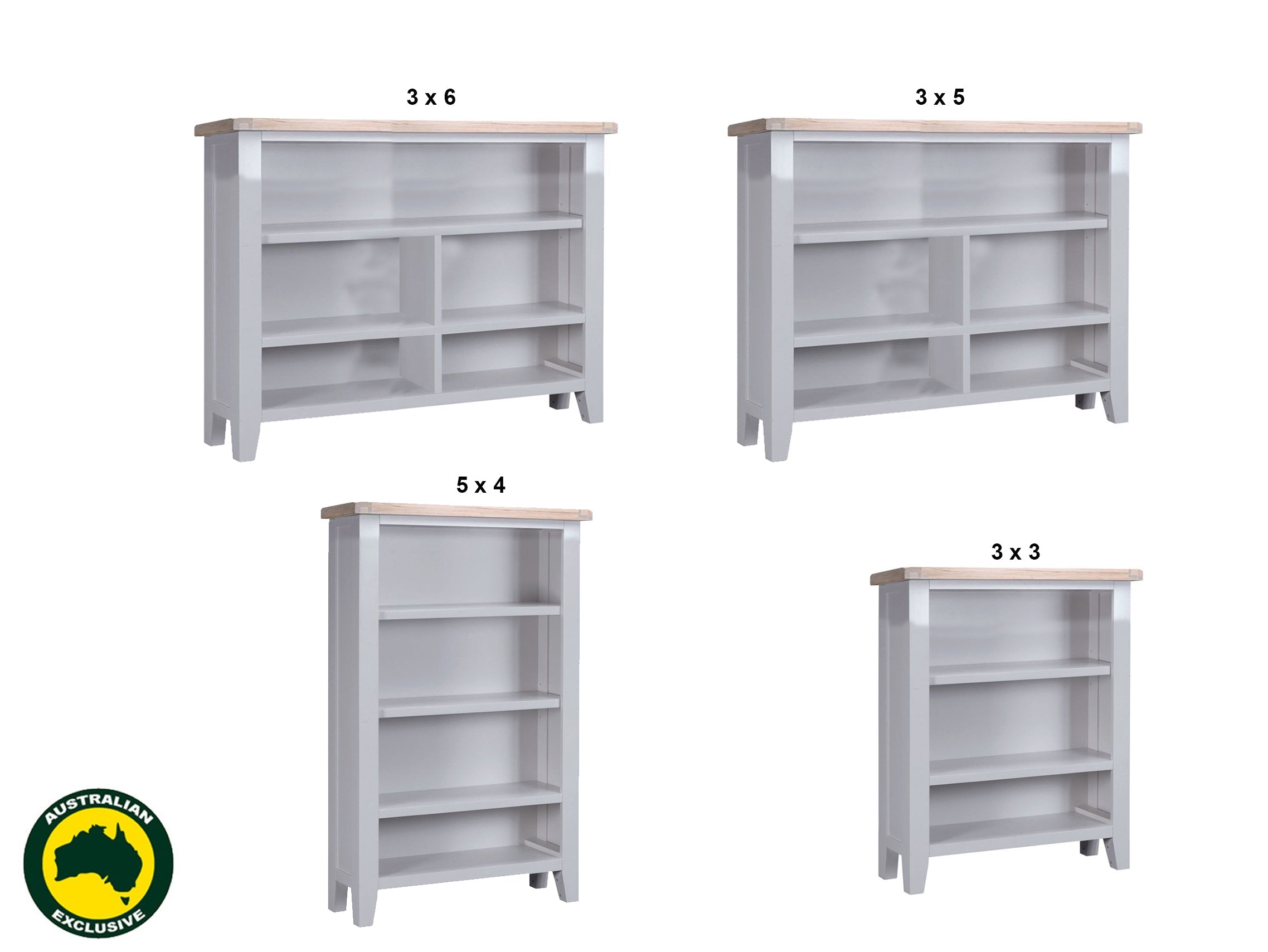 ARBETTA (AUSSIE MADE) LOWLINE BOOKCASE COLLECTION - 2 TONE - (TASSIE OAK COMBINATION TOP / ASSORTED PAINTED COLOURS CARCASS) - STARTING FROM $599