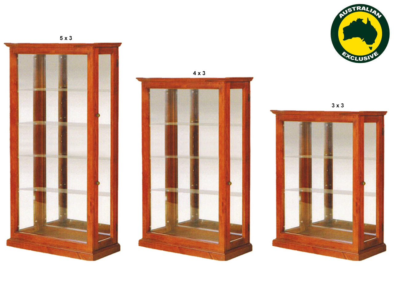 AVA (AUSSIE MADE) CRYSTAL LOWLINE DISPLAY WITH SIDES DOORS AND MIRRORED BACK CABINET COLLECTION - ASSORTED STAINED COLOURS - STARTING FROM $1299