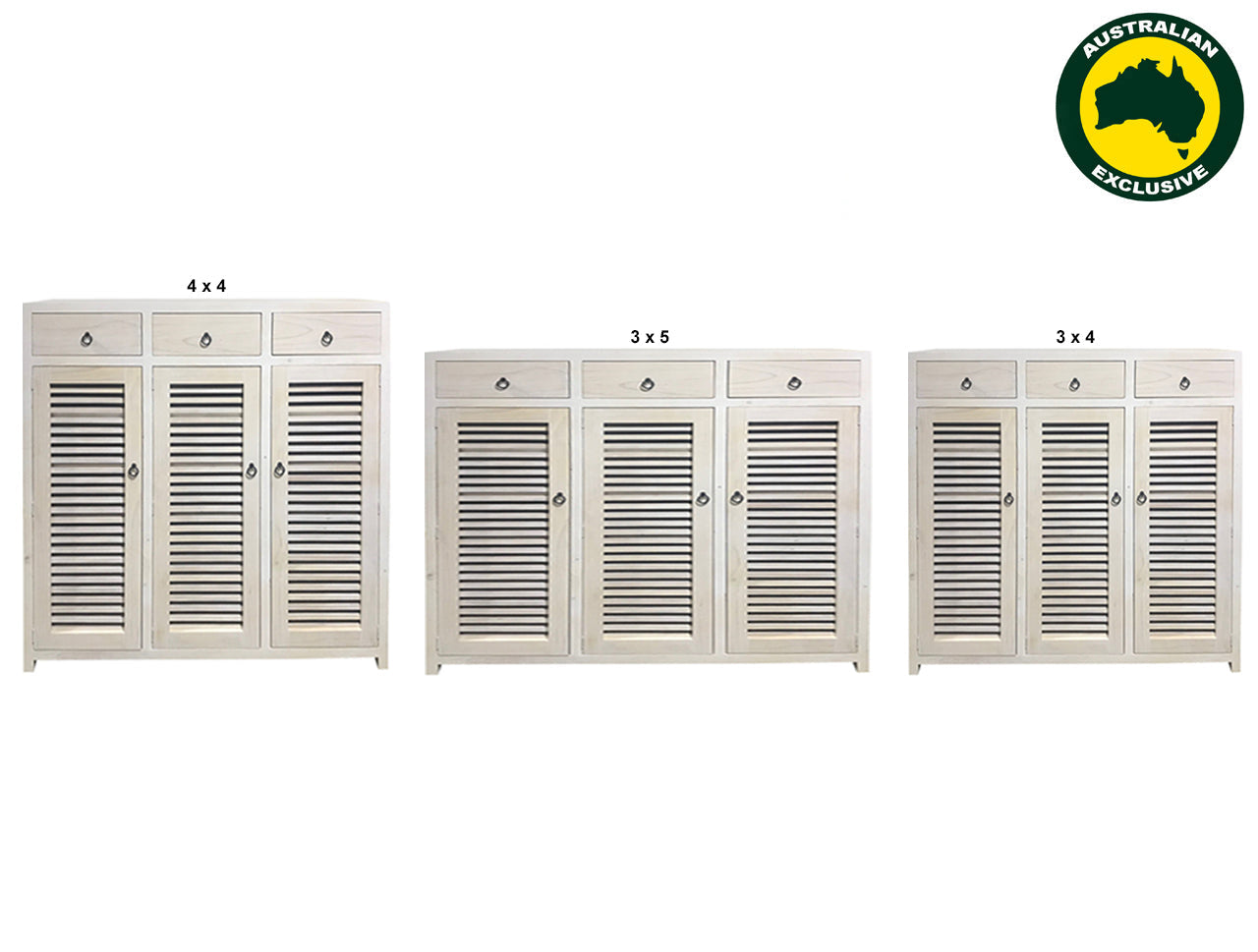 BANDY (AUSSIE MADE) 3 DOOR / 3 DRAWER SHOE CABINET COLLECTION - ASSORTED STAINED COLOURS - STARTING FROM $899