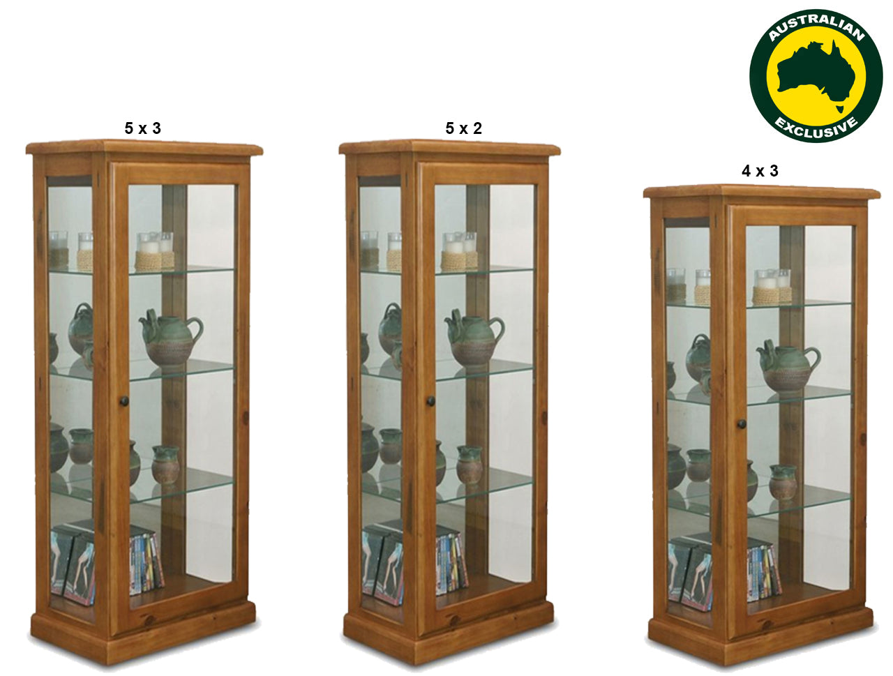 BATHURST (AUSSIE MADE) LOWLINE DISPLAY CABINET WITH MIRRORED BACKING COLLECTION - ASSORTED STAINED COLOURS - STARTING FROM $1299