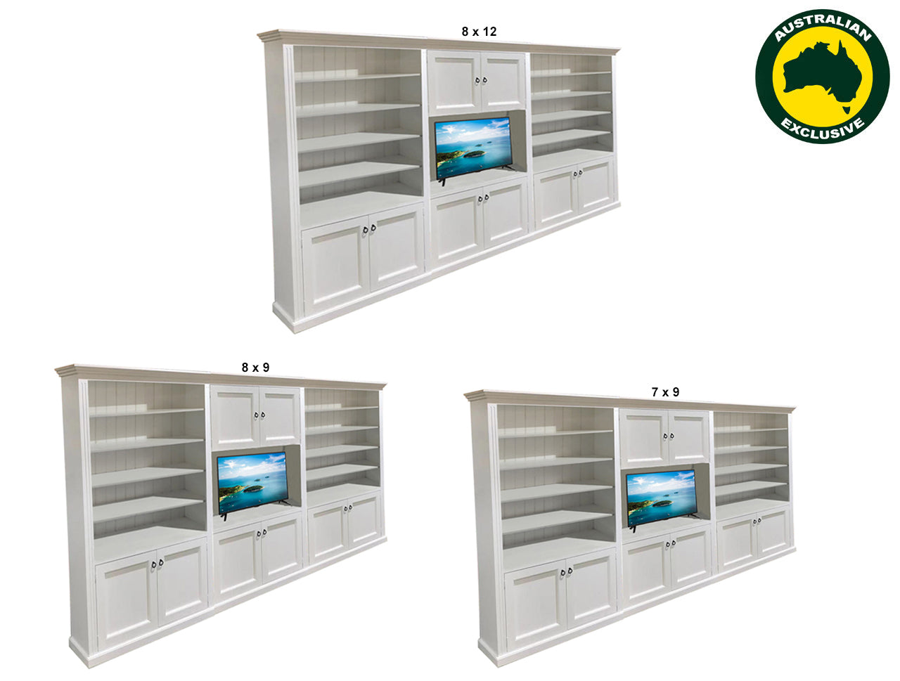 BAYSIDE (AUSSIE MADE) 8 DOOR WALL / TV UNIT TRIPLE COLLECTION - ASSORTED PAINTED / STAINED COLOURS - STARTING FROM $3699