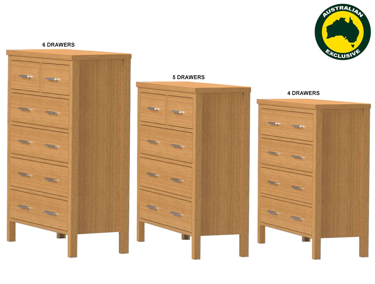 BELROSE (AUSSIE MADE) TALLBOY COLLECTION - TASSIE OAK COMBINATION - ASSORTED STAINED COLOURS - STARTING FROM $1099