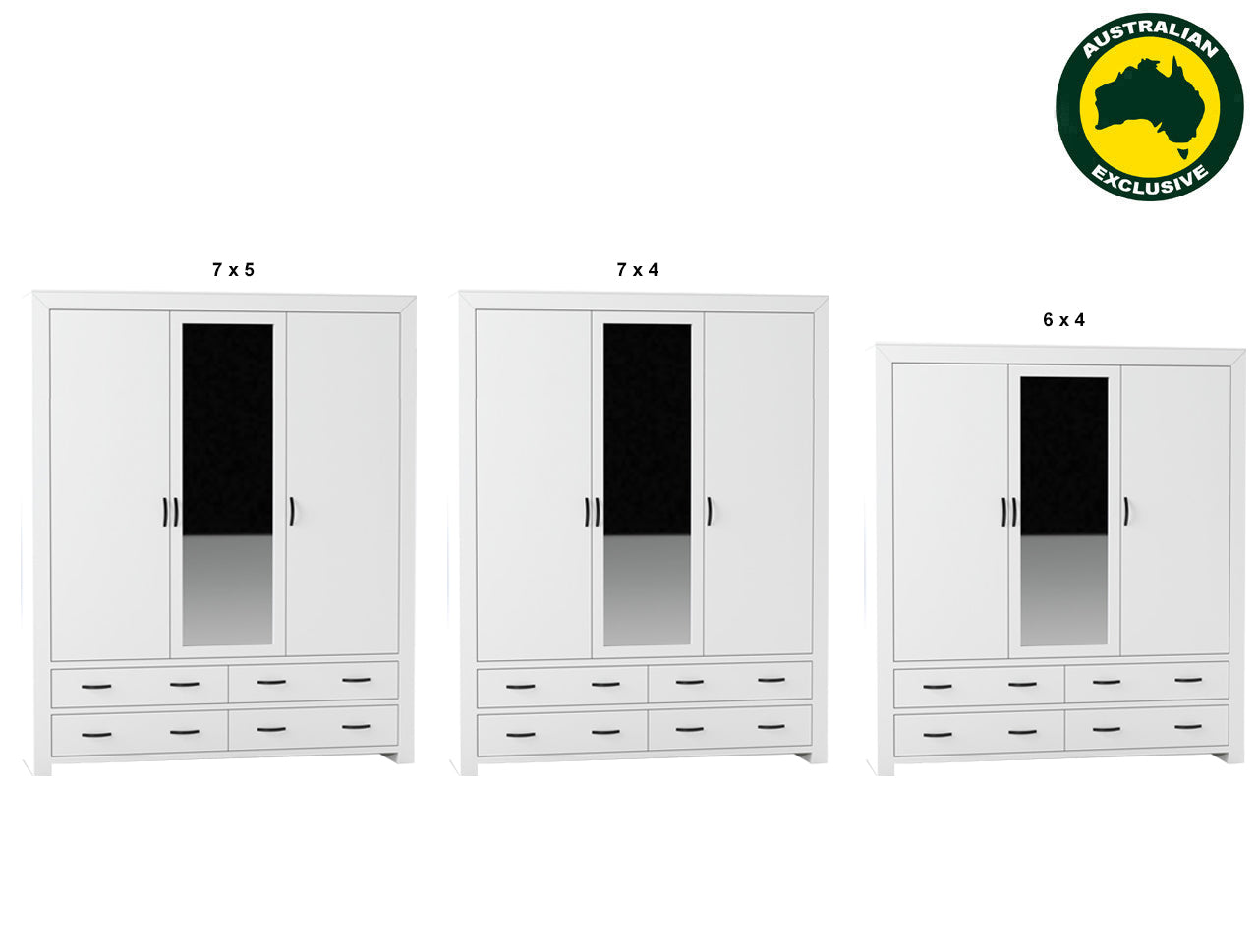 BUSTIN (AUSSIE MADE) 3 DOOR / 4 DRAWER MIRROR WARDROBE - ASSORTED PAINTED COLOURS - STARTING FROM $1499