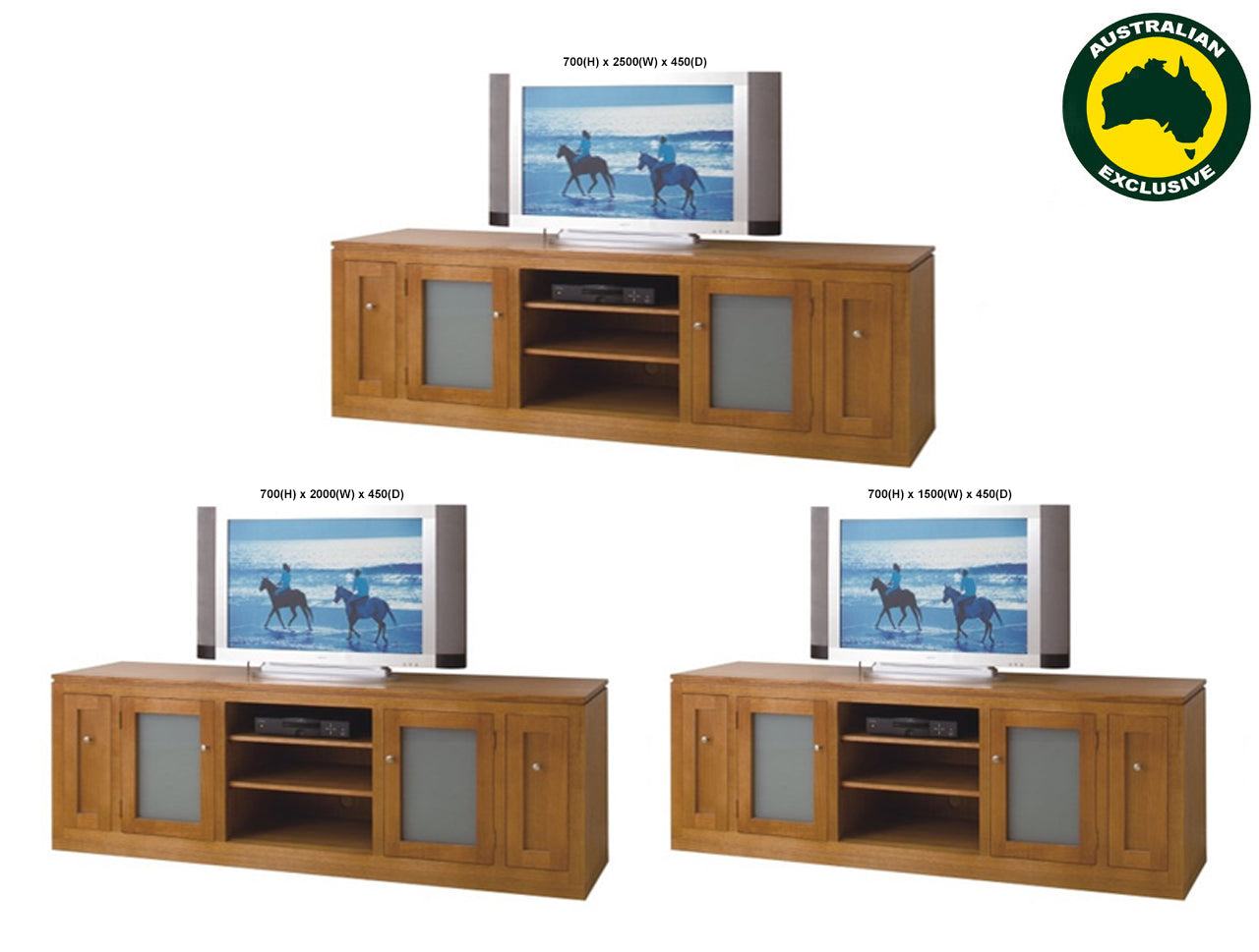 CAMEO (AUSSIE MADE) 2 DOOR STRAIGHT BASE LOWLINE TV UNIT WITH 2 DVD PULLOUTS GLASS COLLECTION - TASSIE OAK COMBINATION - ASSORTED STAINED COLOURS - STARTING FROM $1399