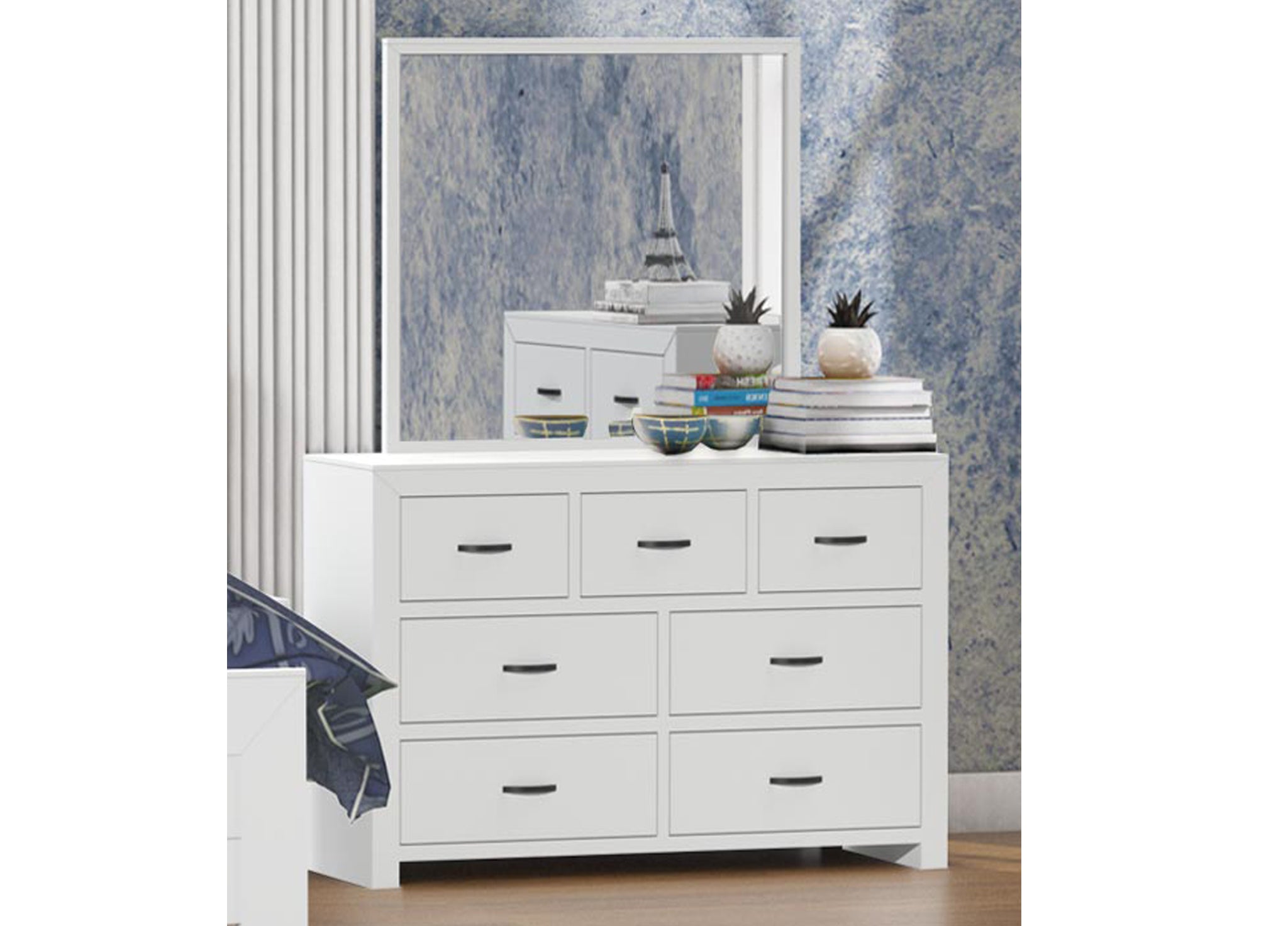 BUSTIN 7 DRAWER DRESSER WITH MIRROR - 875(H) X 1480(W) - ASSORTED COLOURS