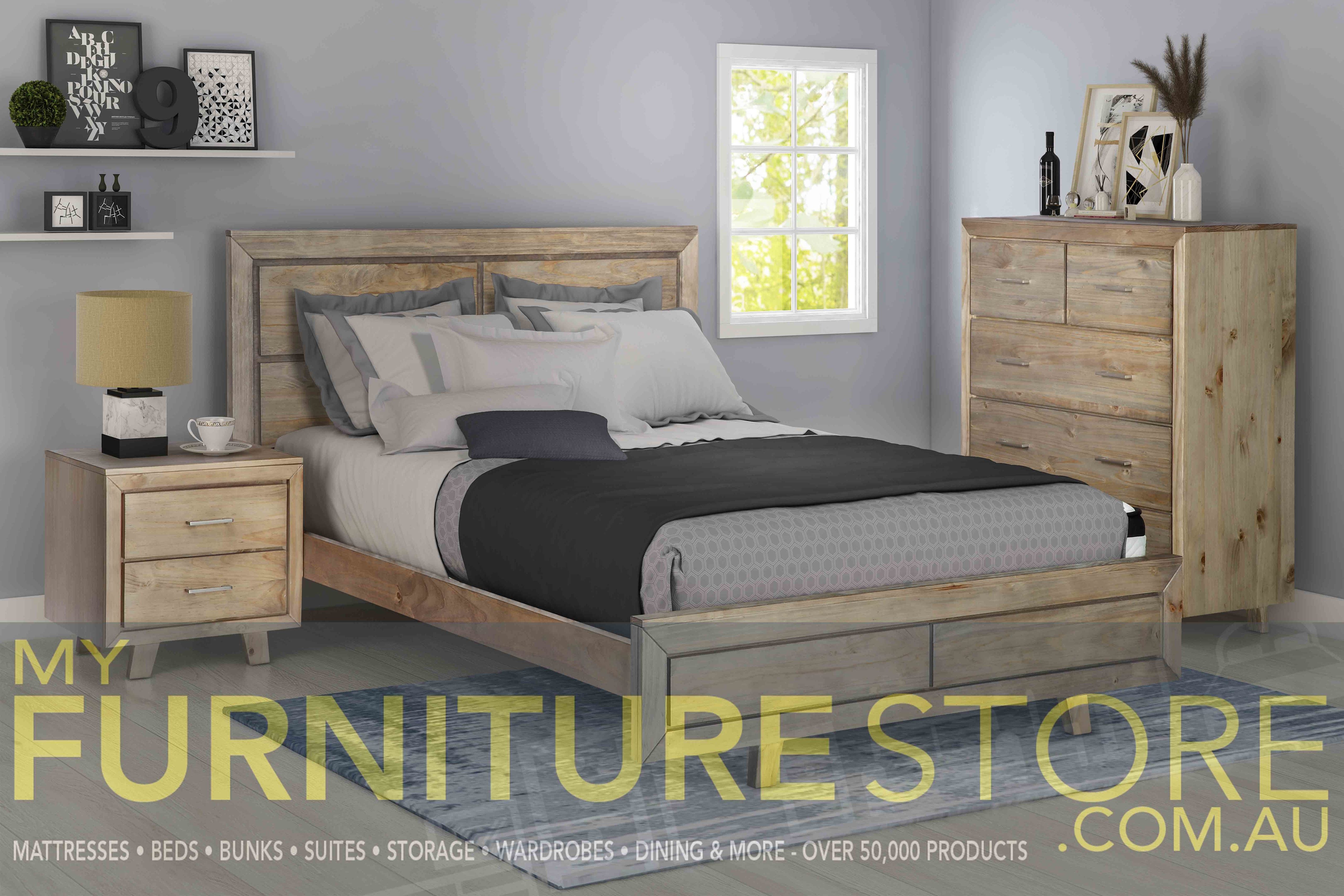 CARNIVAL (AUSSIE MADE) DOUBLE OR QUEEN 5 PIECE (DRESSER) BEDROOM SUITE - TASSIE OAK COMBINATION - ASSORTED COLOURS