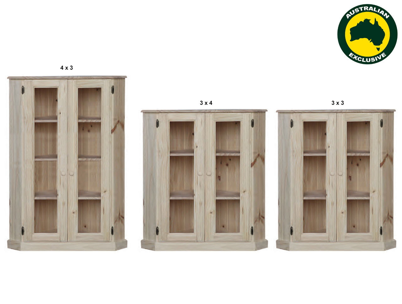 SWAYDE (AUSSIE MADE) 2 GLASS DOOR LOWLINE CORNER LIBRARY UNIT COLLECTION - ASSORTED STAINED COLOURS - STARTING FROM $799