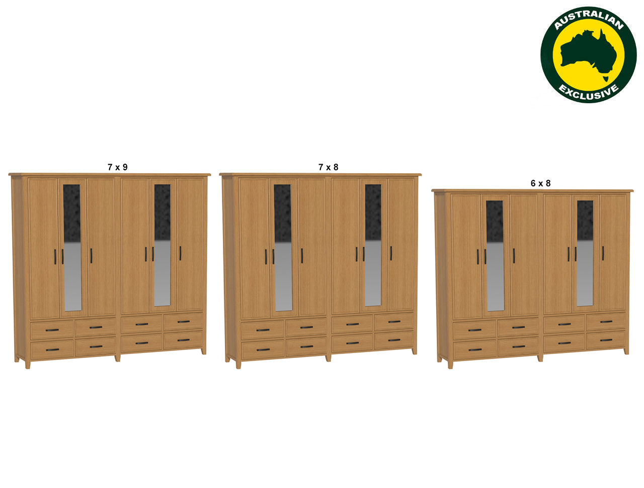 SYDNEYSIDE (AUSSIE MADE) 6 DOOR / 8 DRAWER MIRROR ROBE - (3 SECTION) PIGEON PAIRED COLLECTION  - TASSIE OAK COMBINATION - ASSORTED COLOURS - STARTING FROM $3499