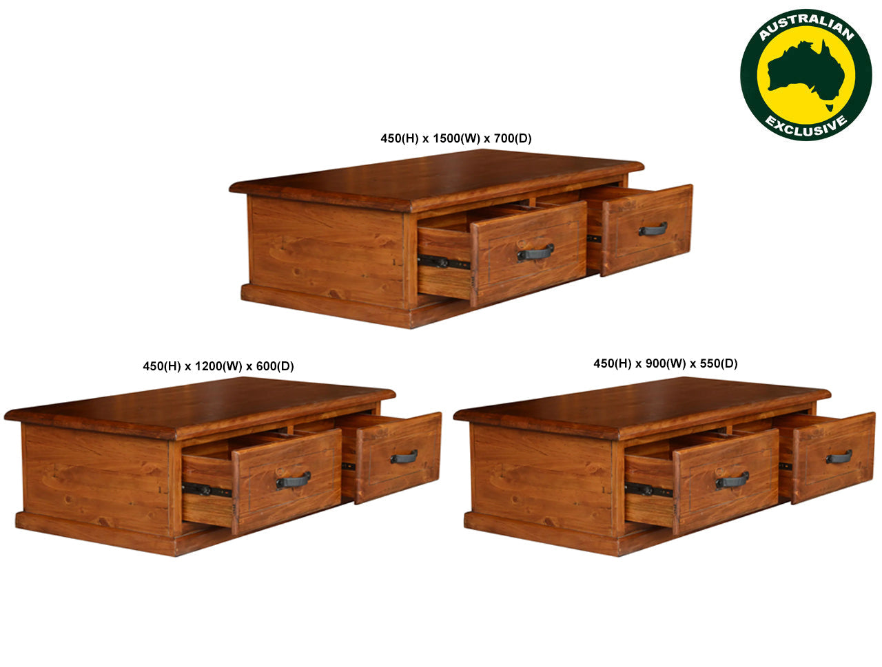 TOGAGGO (AUSSIE MADE) COFFEE TABLE WITH 2 DRAWERS COLLECTION - ASSORTED STAINED COLOURS - STARTING FROM $599