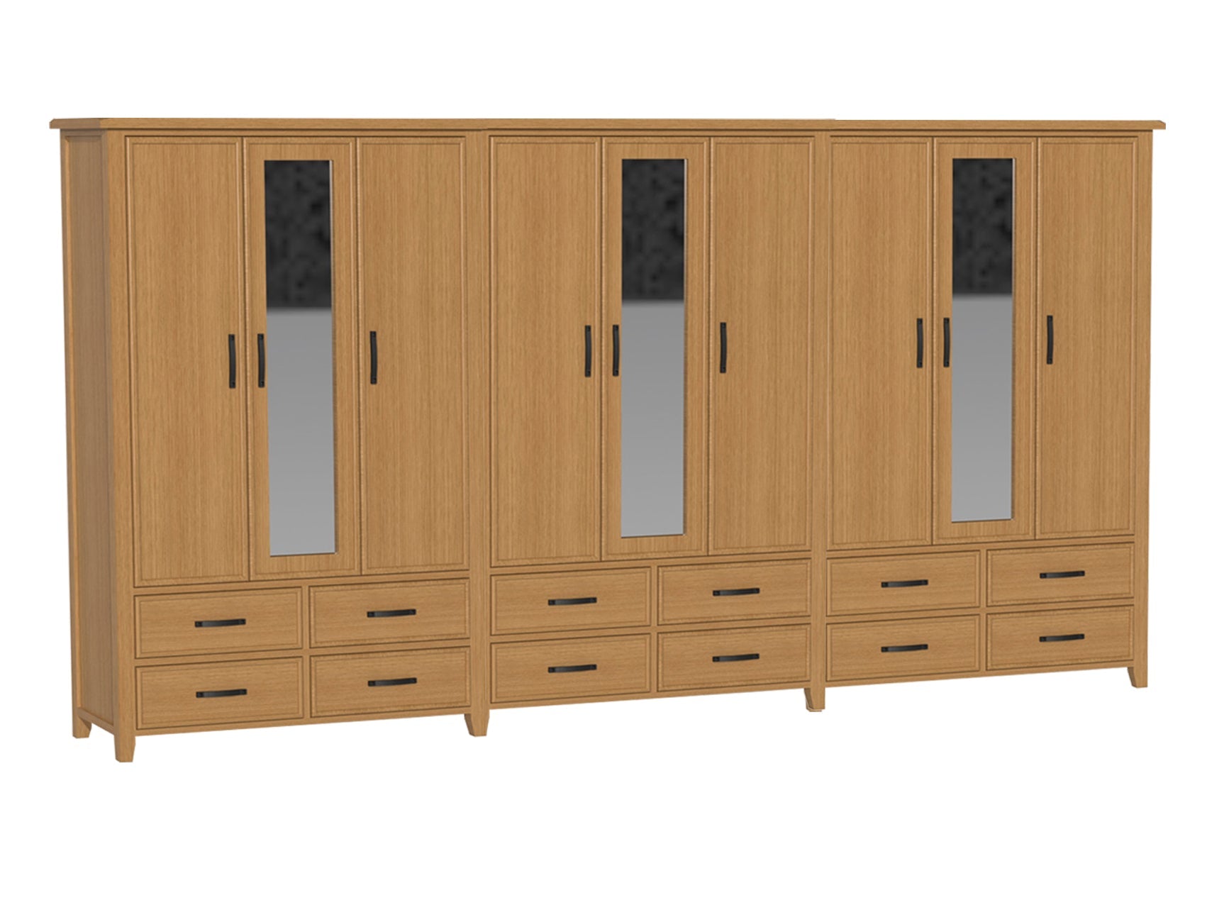 SYDNEYSIDE (AUSSIE MADE) 9 DOOR / 12 DRAWER MIRROR ROBE - (3 SECTION) PIGEON PAIRED - TASSIE OAK COMBINATION - ASSORTED COLOURS