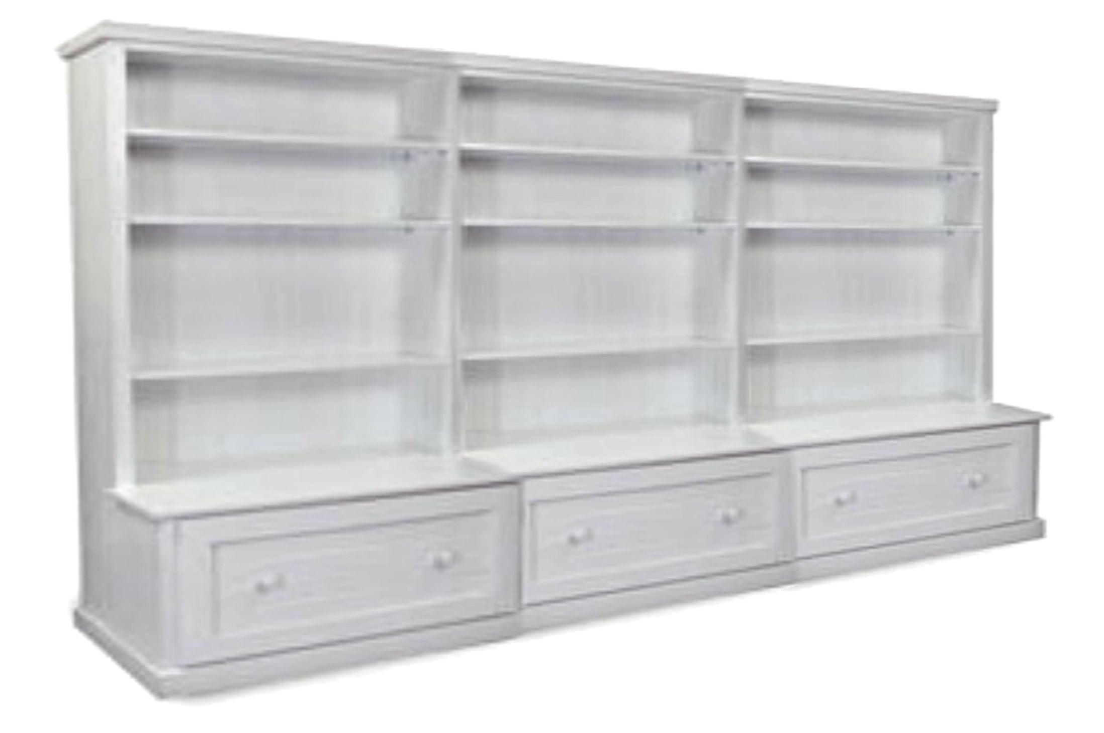 URBAN (AUSSIE MADE) BOOKCASE COMBO WITH FLAT TOP + 3 DRAWER - 1800(H) X 2700(W) - (3 SECTIONS) PIGEON PAIRED - ASSORTED PAINTED COLOURS