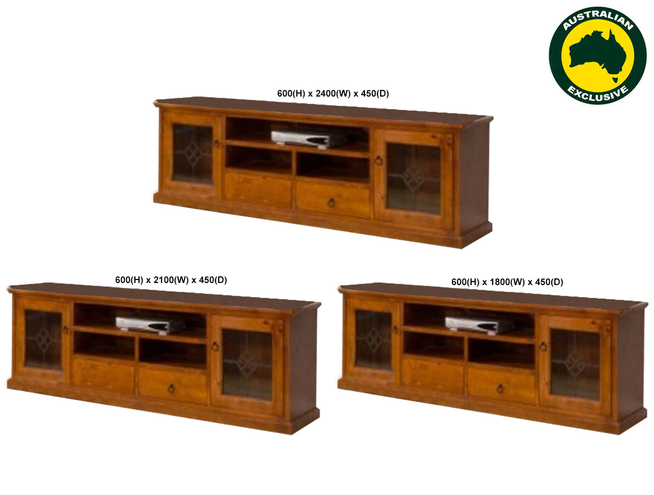 VERSACE (AUSSIE MADE) 2 DOOR / 2 DRAWER ENTERTAINMENT UNIT (PLAIN GLASS) COLLECTION - ASSORTED STAINED COLOURS - STARTING FROM $999
