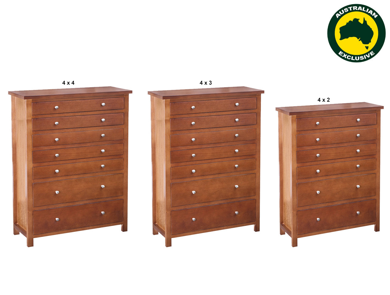 VIRGO (AUSSIE MADE) TALLBOY CHEST COLLECTION - TASSIE OAK COMBINATION - ASSORTED STAINED COLOURS - STARTING FROM $999